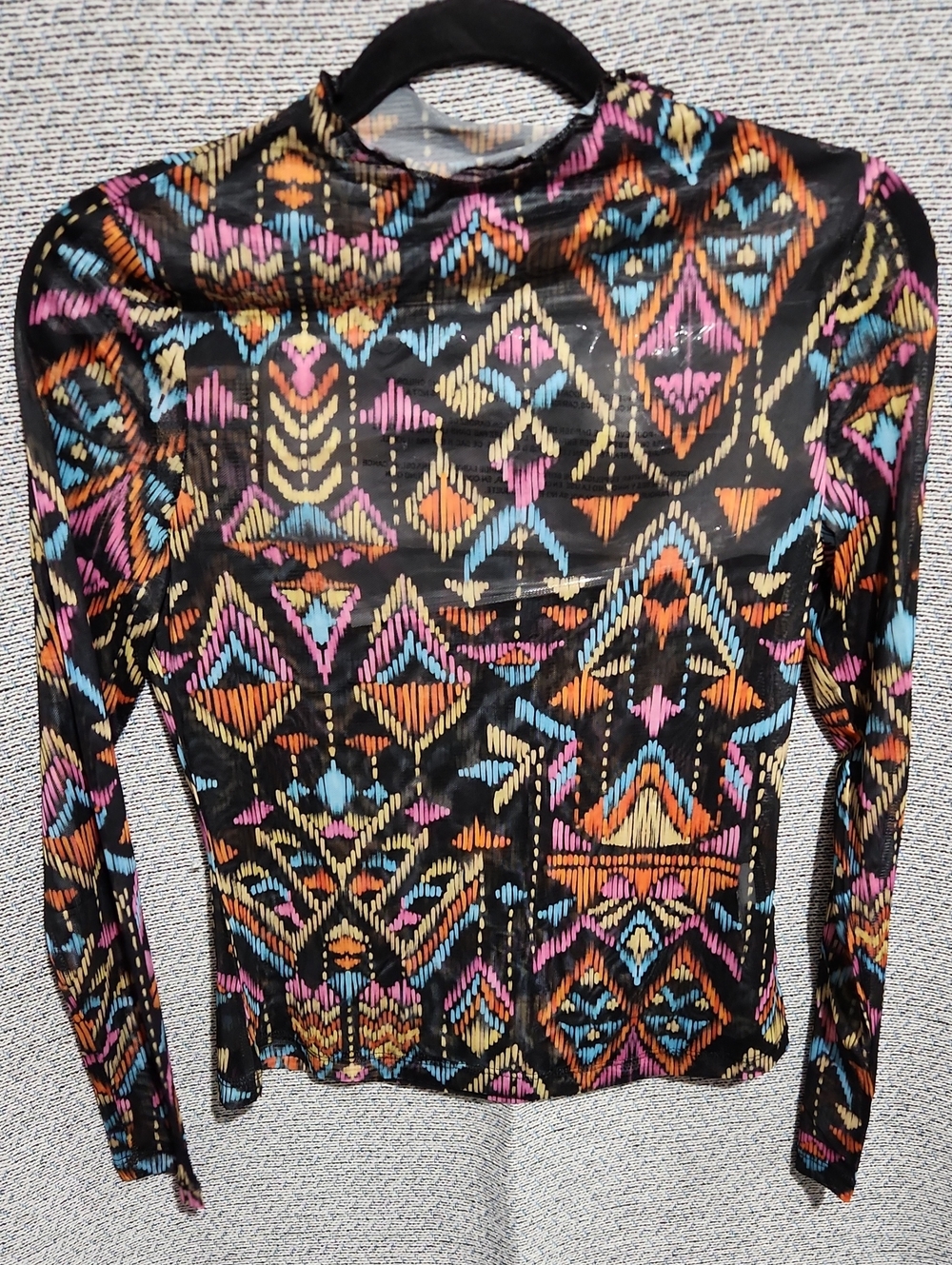 Abstract Print Mesh Black Geometric Print Long Sleeve Top